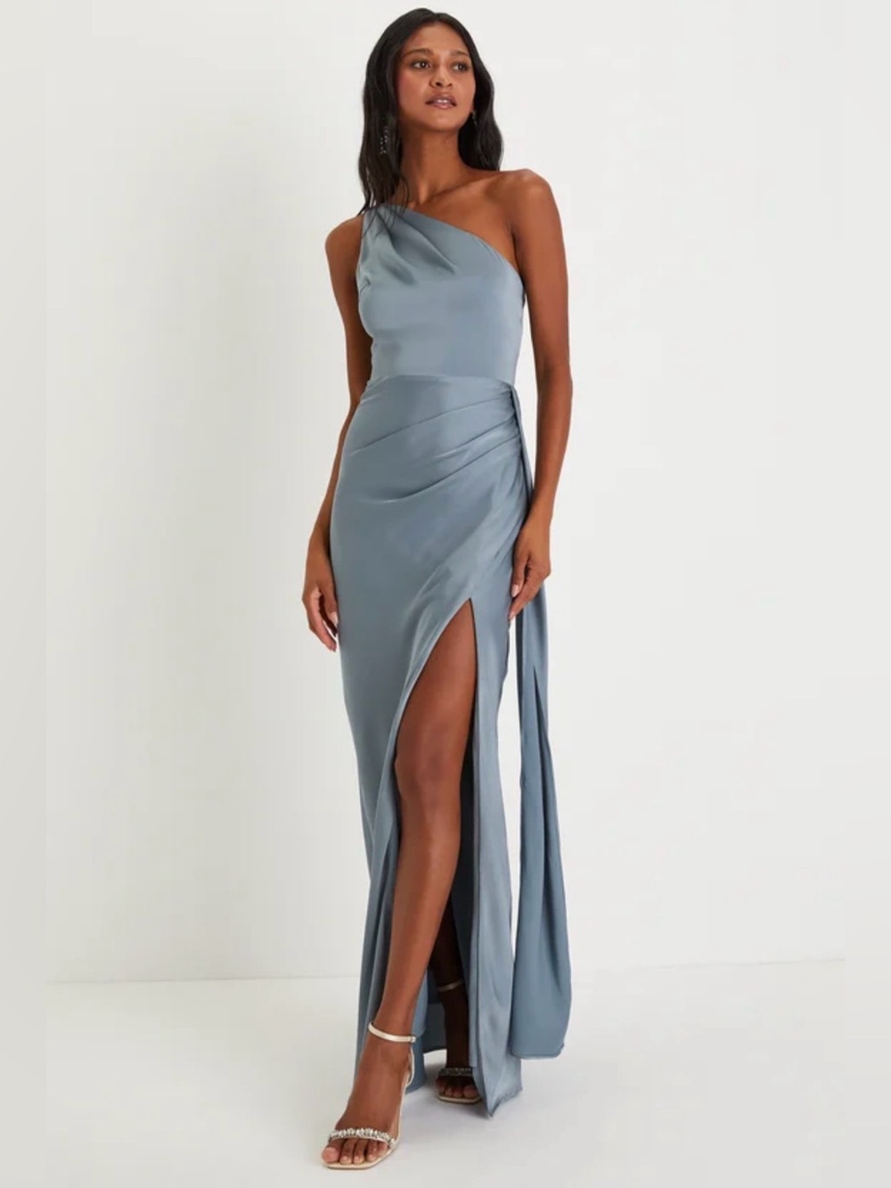 NWT One-Shoulder Satin Slate Blue Evening Gown with Thigh Slit size Small